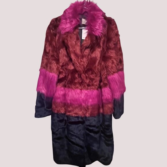 ASOS Faux Fur Coat Womens 14 Multicolor Maroon Pink Navy Long Plush Statement - Picture 2 of 10